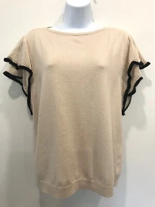ANN TAYLOR LINEN BLEND SWEATER WITH RUFFLED SHORT SLEEVES BEIGE/BLACK SIZE LARGE - Picture 1 of 4