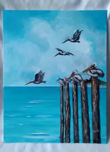 Pelicans Seaside Beach Original Hand Painting 11x14 Canvas Wall Art Home Decor - Picture 1 of 9