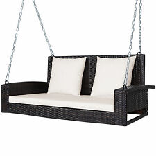 Costway 2-Person Patio Rattan Porch Swing with Cushions - White