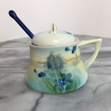 Hand Painted Nippon Covered Condiment Jar with Ladle Blue Flowers Gold Trim