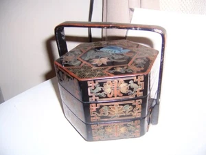 Antique Asian Lacquered Stacking Box with handle octagon Hand cypher mark - Picture 1 of 8