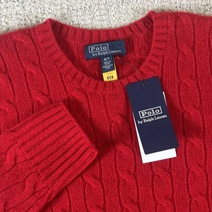 NWT Polo Ralph Lauren Kids 6/7 Iconic Cable Knit Cashmere Red Sweater Boys Girls - Picture 1 of 8