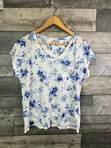 Monsoon Womens T Shirt Top Medium White Blue Floral 100% Linen Summer Casual - Picture 1 of 9