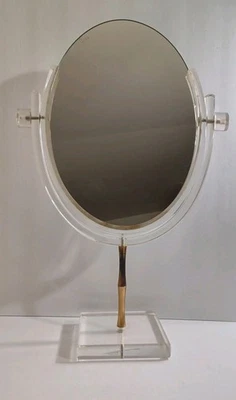 Charles Hollis Jones Clear Lucite Vanity Mirror Double Sided Oval Vtg MCM - Image 1 of 4