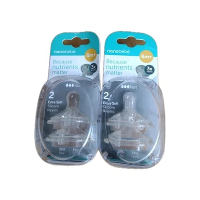 LOT OF 2!! 2-Packs NANOBEBE 6m+ Extra Soft Clear Silicone Nipples Fast Flow NEW - Image 1 of 3