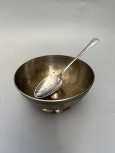 Middle Eastern Inscribed Silver Metal Bowl & Spoon - Picture 1 of 7