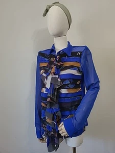 Didier Parakian Blouse Button Collared Size 38 long sleeve blue print stretch - Picture 1 of 13