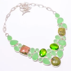 Collar de diseño antiguo hecho a mano de calcedonia verde 16-18" LN-1394 Unakita - Imagen 1 de 5