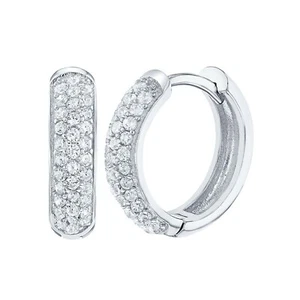 14K White Gold Plated Silver Micro Pave Simulated Diamond Huggie Hoop Earrings - Picture 1 of 8