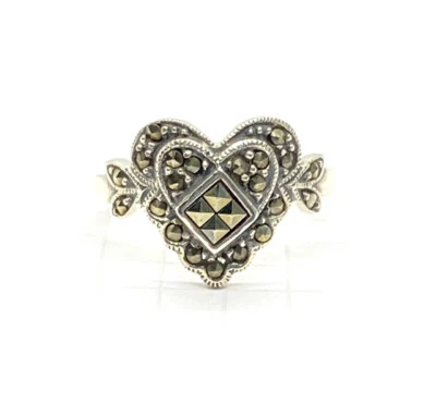 (SIZE 6,7,8)  MARCASITE HEART RING Ornate Vintage Style .925 STERLING SILVER - Image 1 of 4