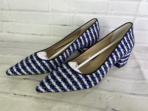 Ann Taylor Tweed Fabric Block Heel Pumps Shoes Blue Black White Womens Size 9 - Picture 1 of 11