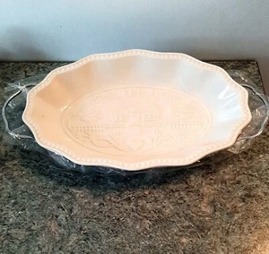 Bless This House White Oval Scalloped Serving Dish with Carrier Sienna Godinger - Picture 1 of 9