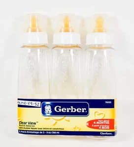 Vintage Gerber Clear View 9oz bottle with Rubber Nipple 4 months 3 pack 76430 - Picture 1 of 3