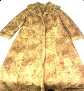 NESS ITALY Fur Jacket Trench Coat Brown Button Up Heavy Sz 14 Womens - Picture 1 of 8
