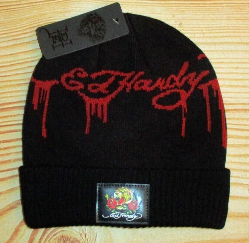 MENS ED HARDY TIGER BLACK ICONIC LOGO BEANIE HAT ONE SIZE - Image 1 of 1
