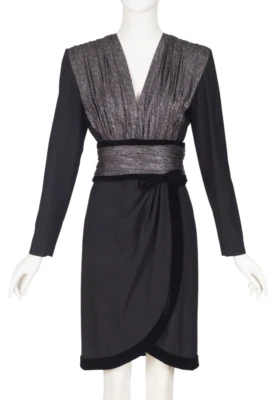 Vestido de cóctel Jacqueline de Ribes años 80 vintage plateado metálico y lana negro XS Foto 1 de 4