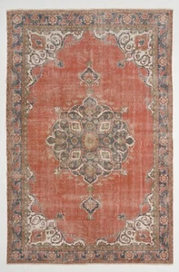6.7x10.2 Ft Vintage Hand-Knotted Turkish Oushak Rug with Floral Medallion Design - Picture 1 of 4