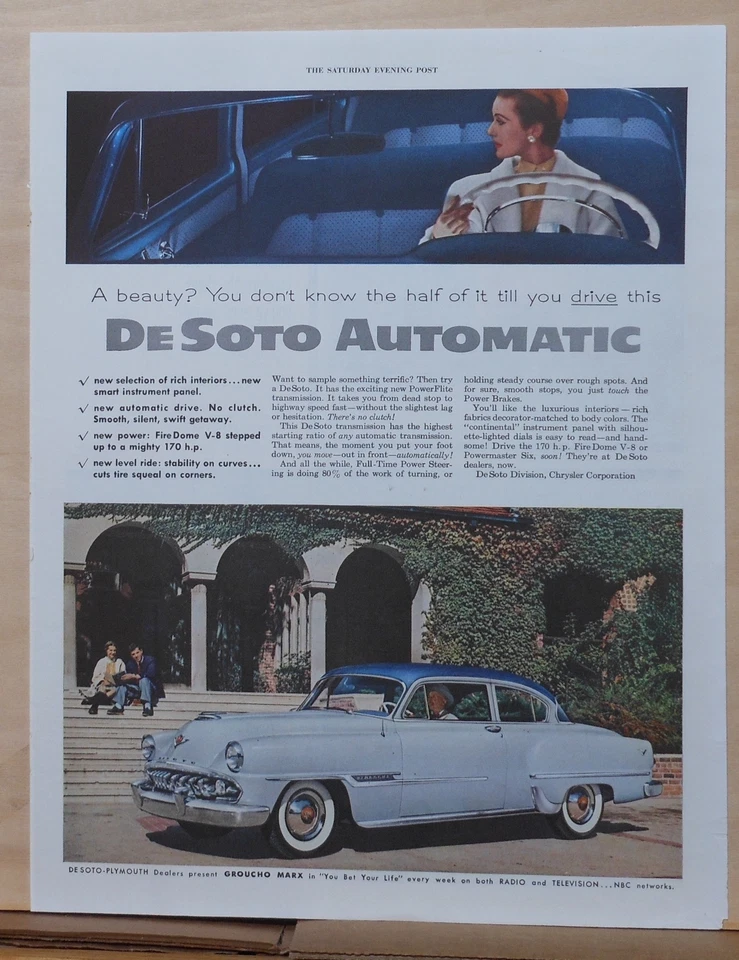 Anuncio de revista 1954 para De Soto - Automático, coche De Soto azul, fotos interiores Foto 1 de 1