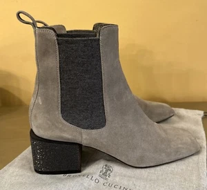 BRUNELLO CUCINELLI Chelsea Boots With Monili Heel Beading In Grey Suede 40 - Picture 1 of 13