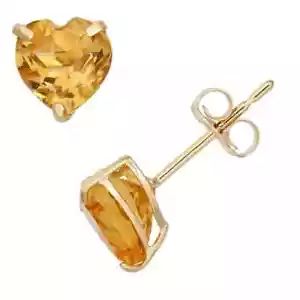14k Yellow Gold Push Back Heart Created Citrine Sapphire Stud Earrings 4mm - Picture 1 of 1