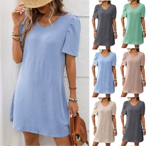 Womens Short Puffs Sleeve Dress Summer Holiday Casual Loose Dresses Plus Size UK - Picture 1 of 18