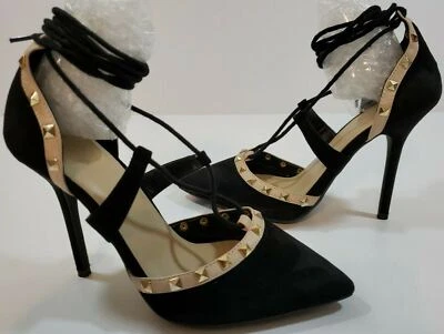 Zapatos de salón Wild Diva ~ mujer talla 7,5 ~ Adora con tachuelas correa en T tacones de aguja negros Foto 1 de 4