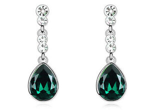 Emerald Green & Silver Tear Drop Wedding Party Evening Dangle Earrings E603