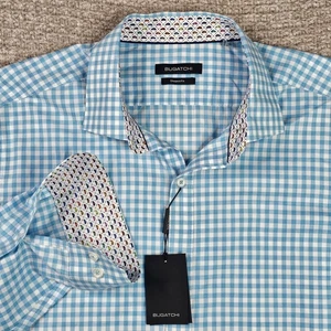 Camicia Bugatchi uomo XL polsino ribaltabile auto blu vestibilità a quadri NUOVA - Foto 1 di 17