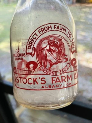 VTG Stocks Farm Dairy Albany Georgia GA QT Quart Milk Bottle Painted Label - Image 1 of 4