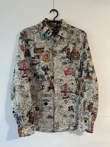 Desigual Maps Print Men Multicolor Cotton Long Sleeve Shirt Button Up Size S - Picture 1 of 9
