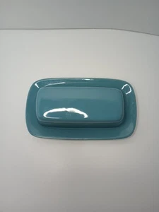 10 Strawberry Street Ceramic Lidded Butter Dish Aqua/Teal Blue 8 1/4" - Picture 1 of 5
