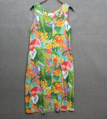 Jams World Hawaiian Dress Womens Medium Midi Button Front Tropical Colorful - Image 1 of 4