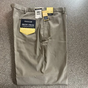 Haggar Men Premium Iron Free Khaki Classic Fit Expandable Waist Flat Front Beige - Picture 1 of 2