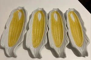 Vintage MCM Corn on the Cob Serving Dishes Plates/HoldersCeramic Set of 4 - Picture 1 of 5