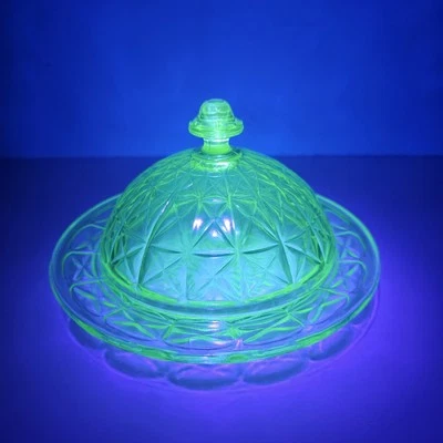 Vintage Hazel Atlas Green Uranium Glass Domed Butter Dish X Block Pattern  - Image 1 of 4