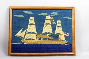 Antike Matrosen Wolle Handarbeit Mitte des 19. Jahrhunderts britisches Segelschiff 20,5"x15,5" Rahmen - Bild 1 von 10