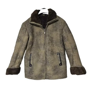 Men's Sheepskin Leather M-L Brown Green Bomber Winter Aviator Flying Coat Jacket - Picture 1 of 9