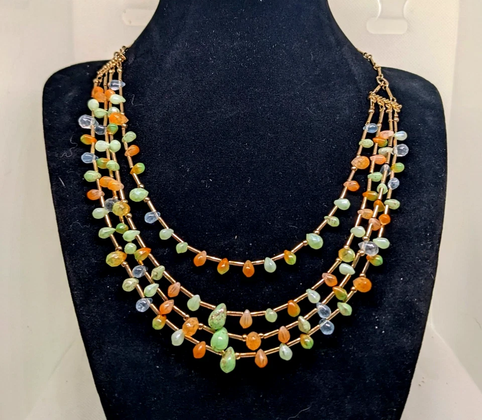 Monet Four Strand Faux Amber Turquoise Gold Tone Necklace Boho Classic 2000s Foto 1 de 1