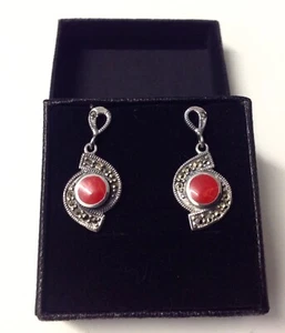 Art Deco 1920s Victorian Red Coral Sterling Silver Marcasite Round Drop Earrings - Picture 1 of 12