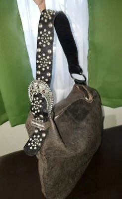 LEATHEROCK BLACK BROWN LEATHER PURSE, EMBELLISHED STRAP WITH BIG BUCKLE - Image 1 of 4