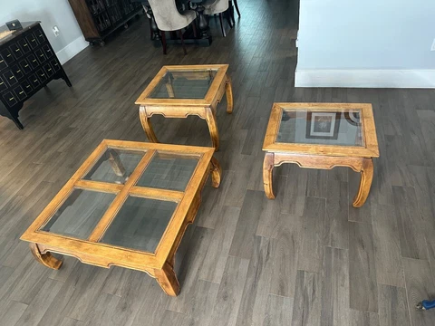 1970s VINTAGE/ANTIQUE GLASS TOP MING STYLE COFFEE TABLE SET OF 3 Cover