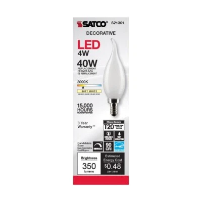 Satco S21301 - 4 Watt LED CA10 Candelabra Light bulbs- 3000K - 6 Pack - Image 1 of 4