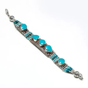 925 Sterling Silver Natural Tibetan Turquoise Gemstone Bracelet Jewelry 7-8" - Picture 1 of 4