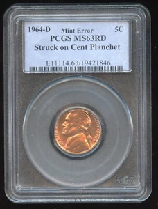 PCGS MS-63 RED RD 1964 D JEFFERSON NICKEL STRUCK ON CENT PLANCHET ERROR - Picture 1 of 2