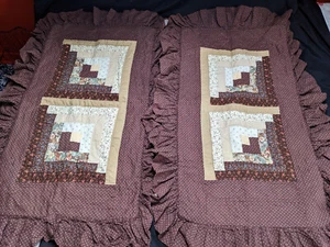 Pair Vintage King Size Hand Quilted Pillowcases Ruffles Brown - Picture 1 of 10