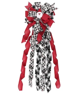 Buffalo Plaid Christmas Tree Topper Bow Santa Streamer Black Linen Decor 13x48 - Picture 1 of 6