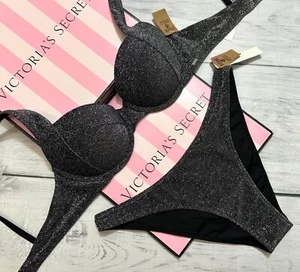 Victoria's Secret PINK Swim 2 PC Push Up Brazilian Shimmer Lurex Set Black - Picture 1 of 4
