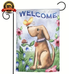 Welcome Dog Spring Garden Flag_Flowers_Polyester_12 x 18"_Double Sided - Picture 1 of 6
