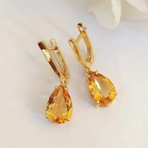 Lab Created Citrine 4Ct Pear Cut Drop/Dangle Earrings 14K Yellow Gold Plated - Picture 1 of 4