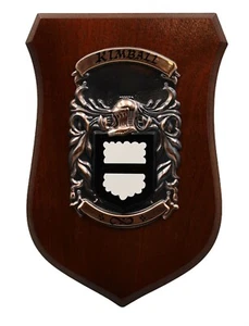 "Kimball"" Familie Wappen Wappenschild Nussbaum Plakette handbemalt Bronze" - Bild 1 von 3
